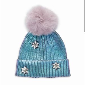 GLAMOURPUSS METALLIC KNIT HAT WITH CRYSTALS AND FOX FUR POM POM OS
